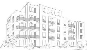 Vector linear project of block of flats. Archirectural concept sketch of modern house.